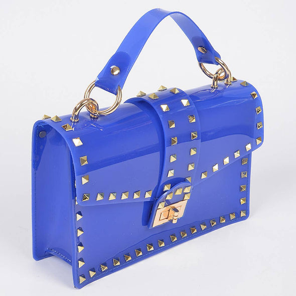 Borsa trasparente blu con borchie oro, manico superiore e tracolla amovibile blu freeshipping - Vico Langella