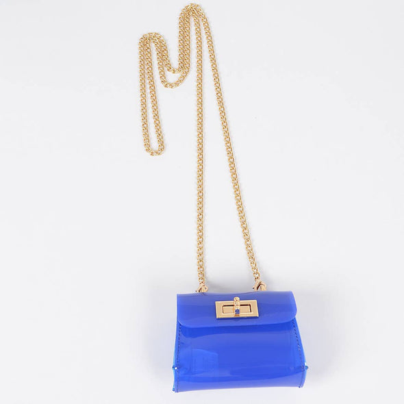 Mini borsa trasparente blu con dettagli chiusura oro e tracolla in catena oro freeshipping - Vico Langella