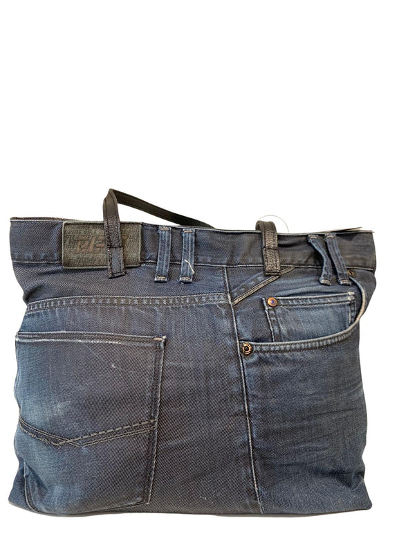 Borsa a spalla in jeans, con doppio manico superiore nero, chiusura con cerniera