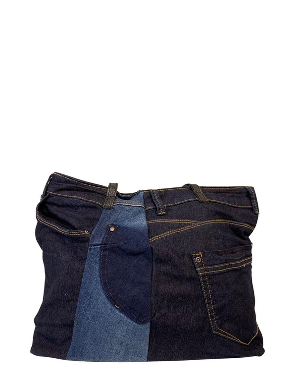 Borsa a spalla in jeans, con doppio manico superiore nero, chiusura con cerniera