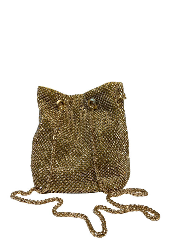 Pochette elegante, a sacchetto con strass, con tracolla e chiusura con bottone
